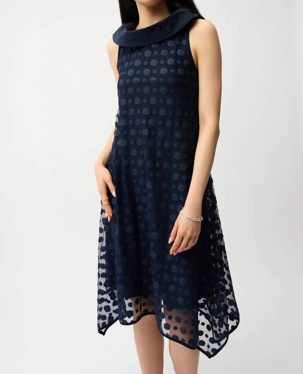 NEW JOSEPH RIBKOFF dot embroidered mesh handkerchief dress in navy